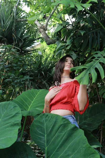 Sexy jonge brunette schoonheid in een regenwoud — Stockfoto