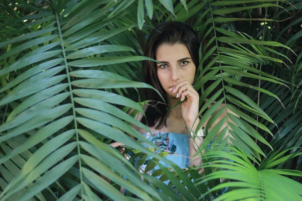 Sexy jovem morena beleza em uma floresta tropical — Fotografia de Stock