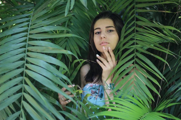 Sexy jovem morena beleza em uma floresta tropical — Fotografia de Stock