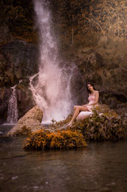 Çekici kız peri hızlı ormanda arasında kaya üzerinde poz