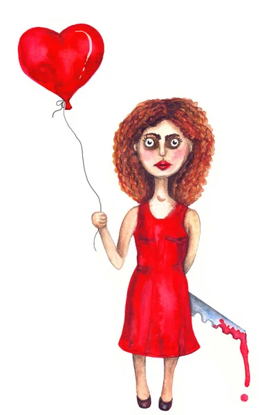 Акварель Сердитая Девушка Красном Платье Воздушным Шаром — стоковое фото