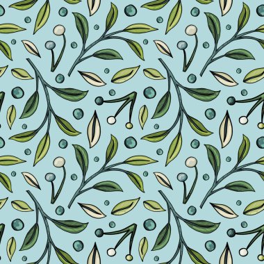 Çilek ve açık mavi renkli yapraklarda ile seamless modeli çizilmiş