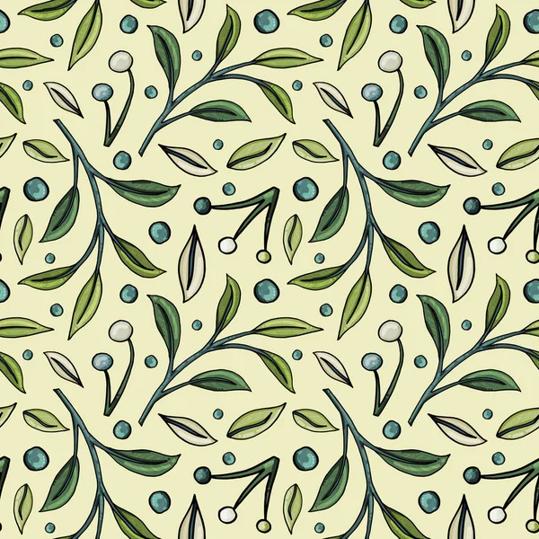 Hand-drawn seamless pattern with berries and leaves on grey background