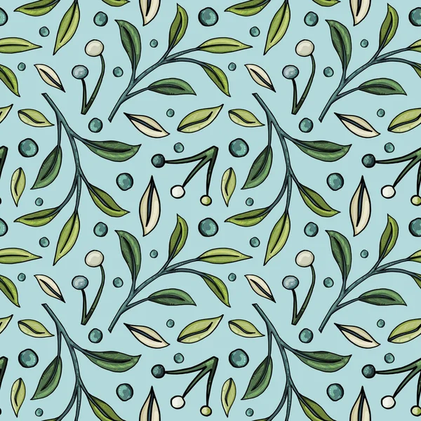Hand-drawn seamless pattern with berries and leaves on light blue background