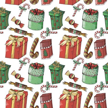 Beyaz zemin üzerine boyalı yeni yıl seamless modeli