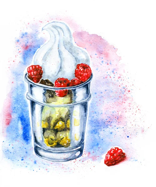 水彩甜点提拉米苏与覆盆子浆果在玻璃烧杯 — 图库照片