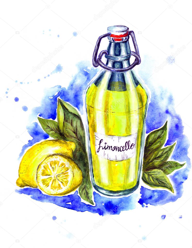 Watercolor glass bottle of juicy yellow limoncello