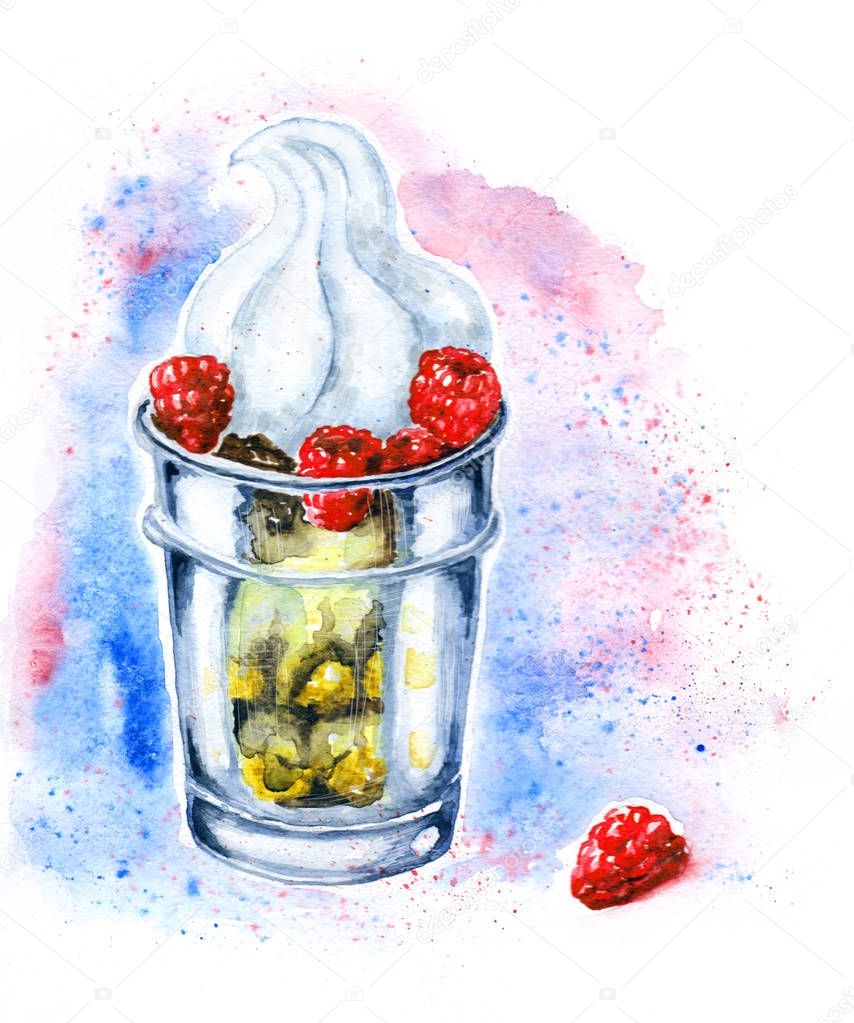 Watercolor dessert Tiramisu with raspberry berries in a glass beaker