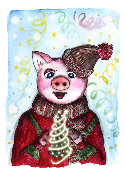 Watercolor Christmas card with pig New Year\'s miracle