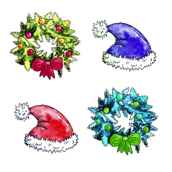 Watercolor Christmas Set Wreaths Hats — Stock Photo, Image