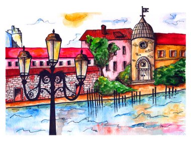 Nehir kıyısında küçük bir büyülü kenti çizim suluboya