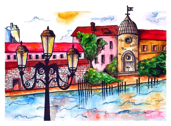 Nehir Kıyısında Küçük Bir Büyülü Kenti Çizim Suluboya — Stok fotoğraf