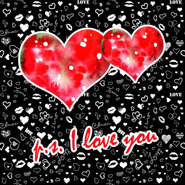 Love You Postcard Hearts Black White Red — Stock Photo, Image
