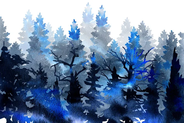 Hand-drawn watercolor forest blue-black fog on a white background
