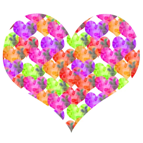 Hand Drawn Watercolor Textural Valentine Many Small Hearts Big Bright — Stock Photo, Image