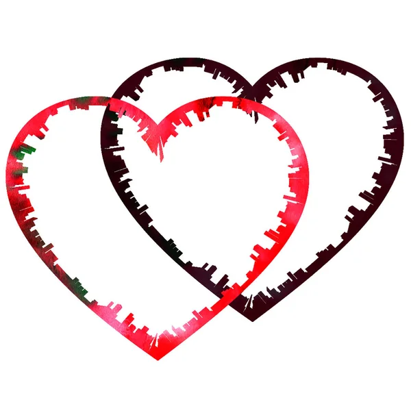 手描き水彩テクスチャ バレンタインの赤と黒の心ボロボロの白い背景の上のエッジ — ストック写真