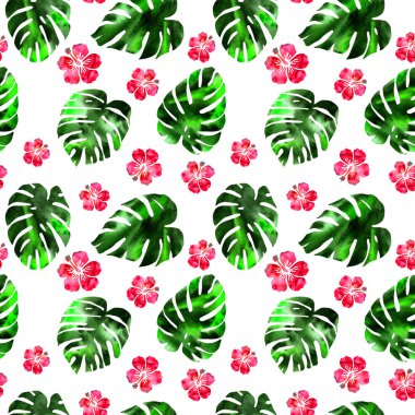 Suluboya elle çizilmiş tropikal çiçekler ve beyaz arka plan üzerinde dikişsiz desen yaprakları