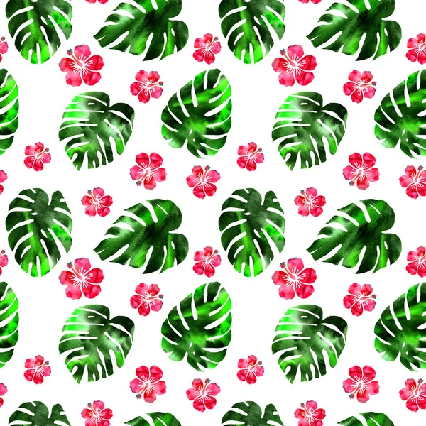 Watercolor hand-drawn tropical flowers and leaves seamless pattern on white background