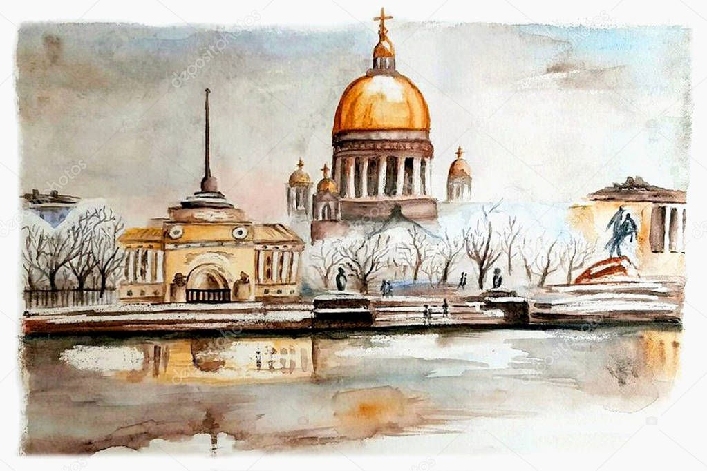 St. Petersburg downtown. Hand-drawn watercolor winter landscape depicting the Neva River Embankment, the Admiralty, St. Isaac's Cathedral, the Bronze Horseman monument