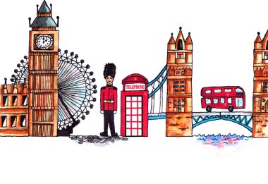 Yerler ve kentin karakteristik özellikleri gösteren Londra İngiltere cityscape: Tower Bridge, Big Ben, dönme dolap, kırmızı otobüs, telefon kulübesi, muhafızı
