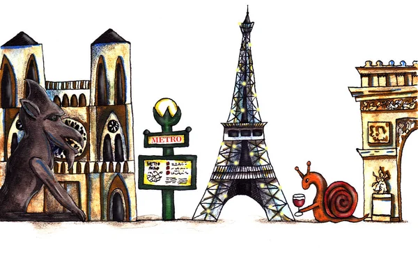 手绘的法国巴黎城市景观和城市的景点和特色描绘 埃菲尔铁塔 凯旋门 巴黎圣母院等 — 图库照片