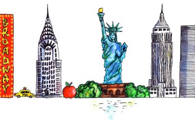 New York'un Manhattan ABD manzarası manzaraları ve kentin özelliklerini gösteren: özgürlük heykeli, Empire State Binası, Chrysler Building, sarı taksi, Broadway işareti ve daha fazla