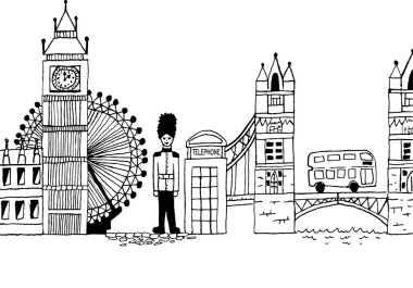 Yerler ve kentin karakteristik özellikleri gösteren Londra İngiltere cityscape: Tower Bridge, Big Ben, dönme dolap, kırmızı otobüs, telefon kulübesi, muhafızı