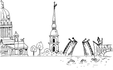 Yerler ve kentin özelliklerini gösteren St. Petersburg Rusya cityscape: St. Isaac's Katedrali, Neva, Peter ve Paul Fortress, bir kedi kokuyor, asma köprü Trinity Köprüsü