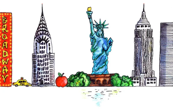 ニューヨーク市マンハッタン米国スカイライン観光スポットや都市の特徴を表わす 自由の女神 エンパイア ステート ビルディング クライスラー ビルと黄色のタクシー ブロードウェイのサイン ロイヤリティフリーのストック写真