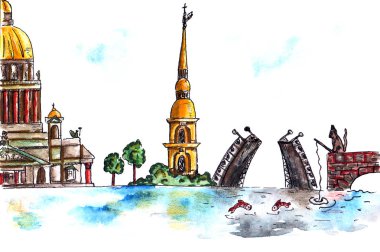 St. Petersburg Russia cityscape which shows the sights and characteristics of the city: St. Isaac's Cathedral, the Neva, Peter and Paul Fortress, a cat, smelt, the drawbridge Trinity Bridge clipart