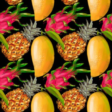 Büyük sulu meyveler (ananas, mango, pithaya). Karanlık bir arka planda, tropik, pürüzsüz bir desen. Dijital sanat.