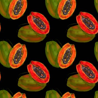 Karanlık bir arka planda sulu papayalı tropikal desen. Dijital sanat.