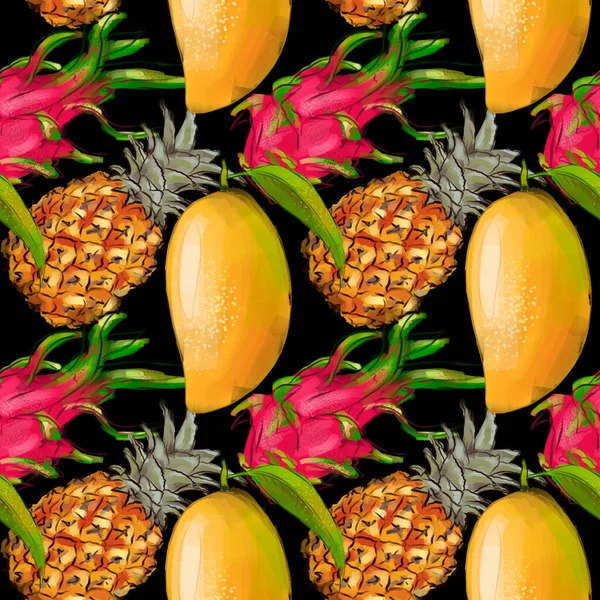 Large Juicy Fruits Pineapple Mango Pithaya Tropical Seamless Pattern Dark — Stock Photo, Image