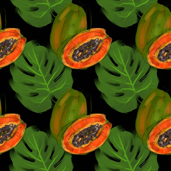 Tropical pattern with juicy papaya and monstera leaves on a dark background. Digital art.
