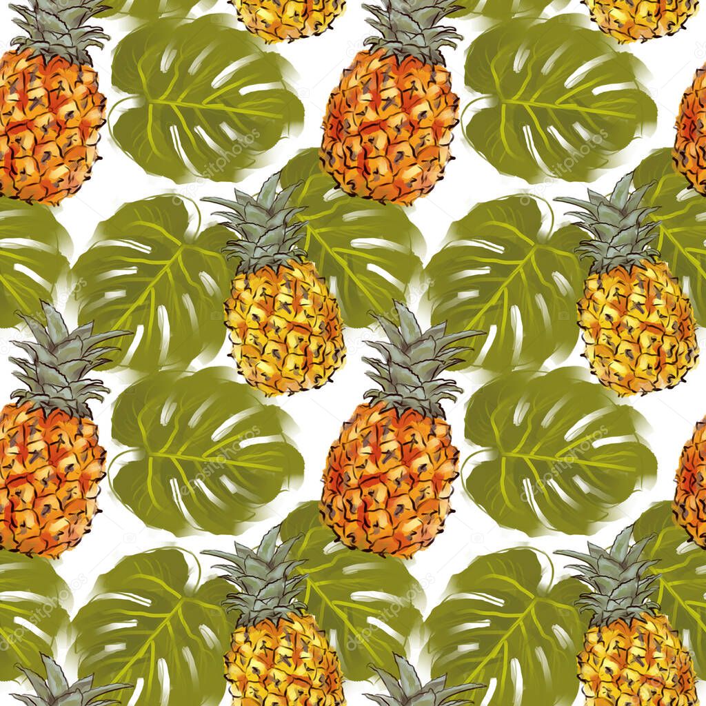 Juicy pineapples and momstera leaves. Tropical seamless pattern on a white background. Digital art.