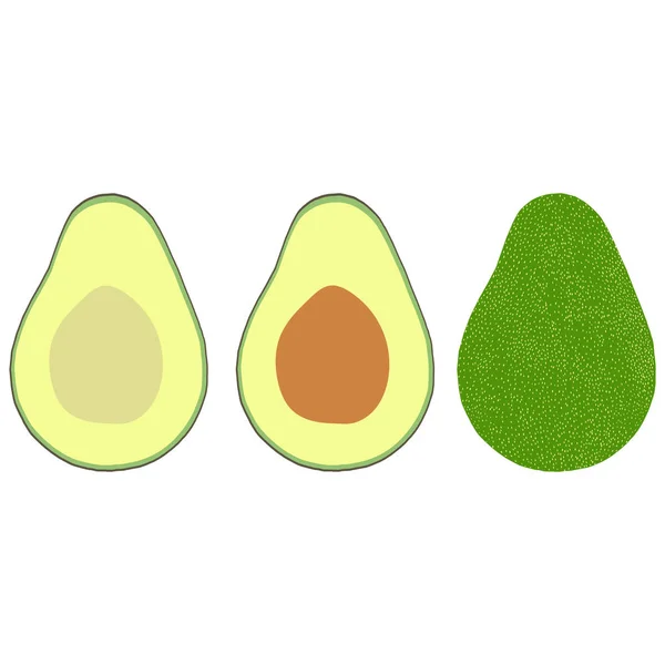 Set di avocado in tre tipi interi nella pelle, tagliato con osso, tagliato senza osso. Illustrazione vettoriale . — Vettoriale Stock