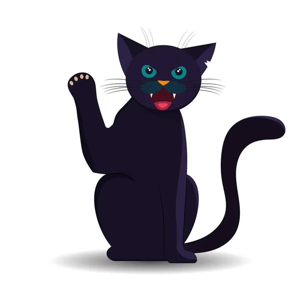 Chat noir d'Halloween avec une oreille déchiquetée et une patte levée. Vecteur ill — Image vectorielle
