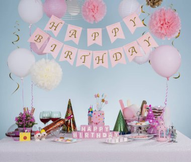 Birthday tablo dekorasyon ve Doğum günü yemekleri kavramı