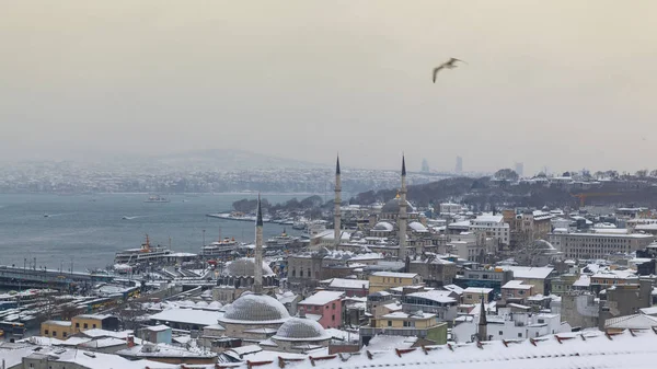 Musim Dingin Istanbul Hari Bersalju Pemandangan Masjid Baru Dan Bosporus — Stok Foto