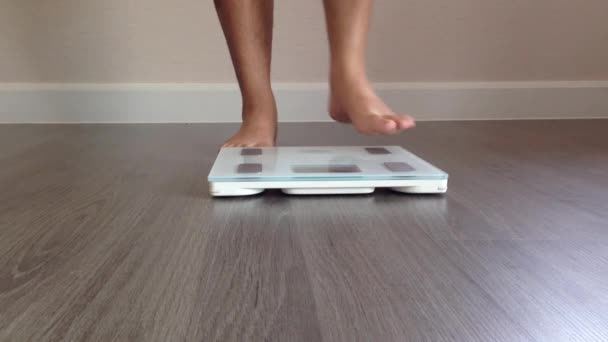 Human Measuring Weight Health Scale Close Human Legs Approaching Weighing — Stock Video