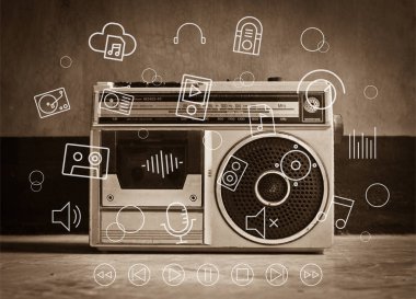 Eski vintage radyo müzik simgeleri, müzik Infographic ile
