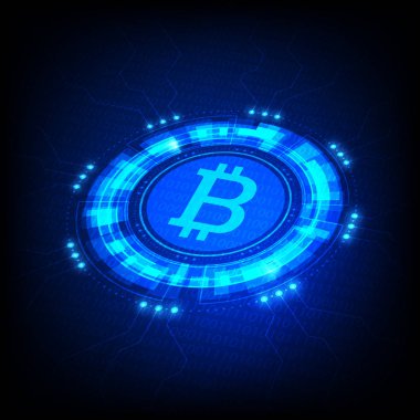 Fütürist HUD arayüzü ve dijital para birimine sahip Bitcoin sembolü