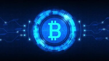Fütürist HUD arayüzü ve dijital para birimine sahip Bitcoin sembolü