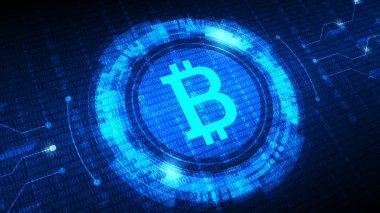 Fütürist HUD arayüzü ve dijital para birimine sahip Bitcoin sembolü