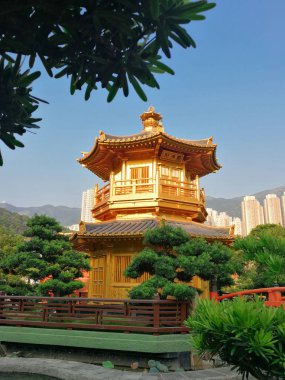 Bahçe dekoratif pon ile çevreleyen ortasında çarpıcı altın Tapınak