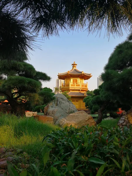 Prachtige Gouden Tempel Het Midden Van Tuin Rondom Met Decoratieve — Stockfoto