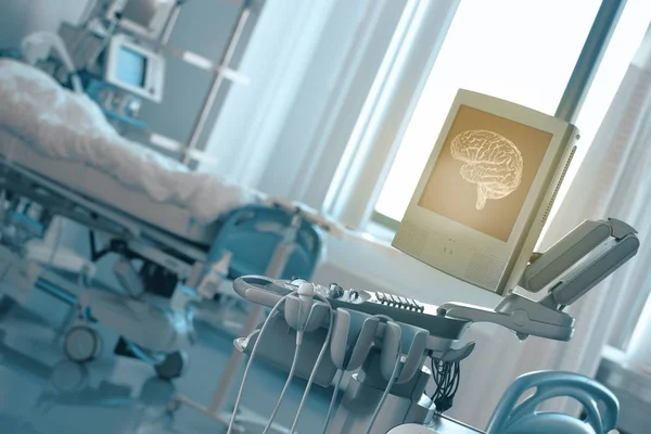 Patient Brain Scan Result Screen Medical Computer Hospital Ward Window — Stock Photo, Image