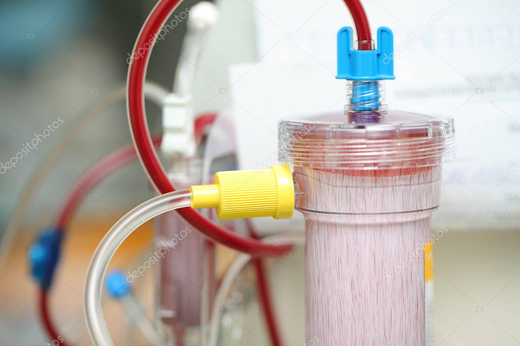 Part of a dialysis equipment during process of blood filtration.