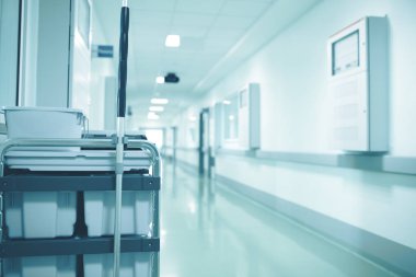Temizlik personeli sepeti boş hospitall hall kaplarında dezenfeksiyon çözüm ile.