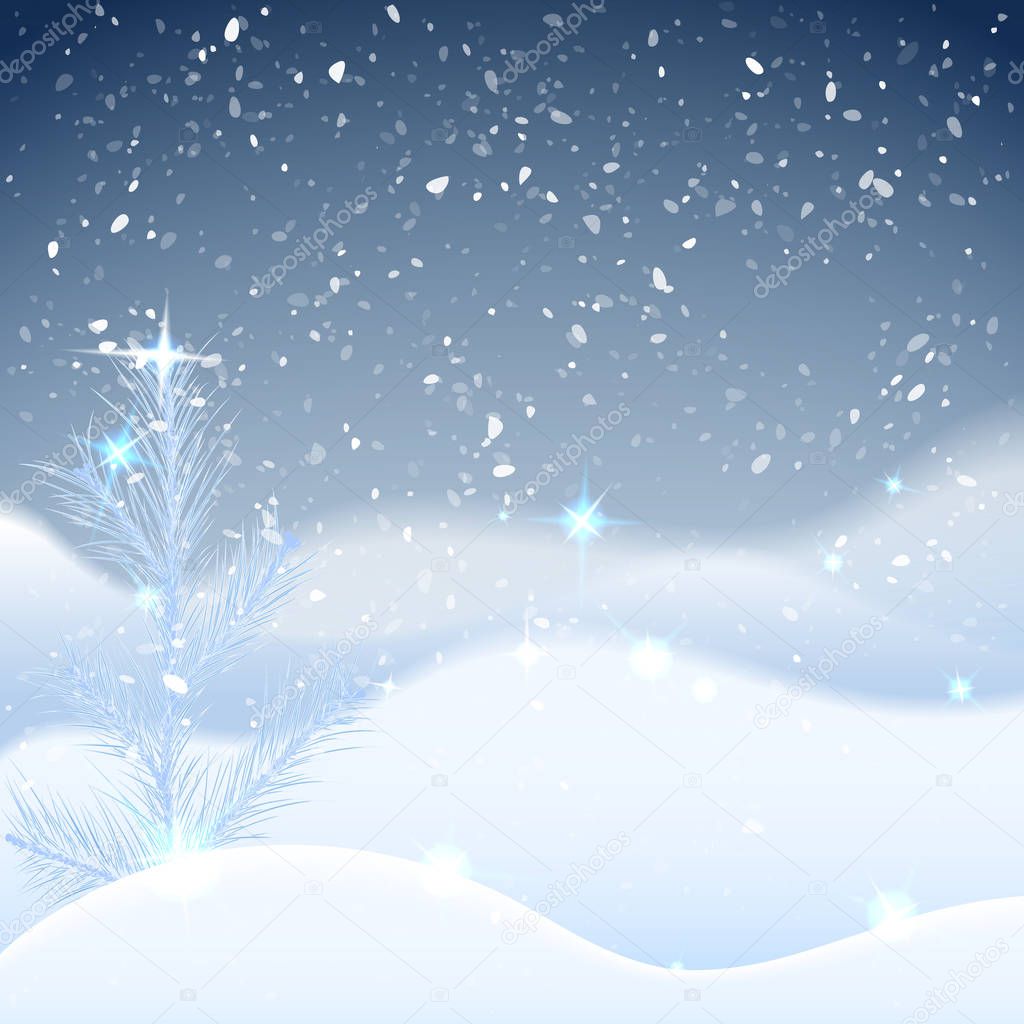 Winter background with frosty spruce (pine) snowbank with snowfall night sky. Greeting card for happy new year and christmas. Vector eps10, Xmas card.